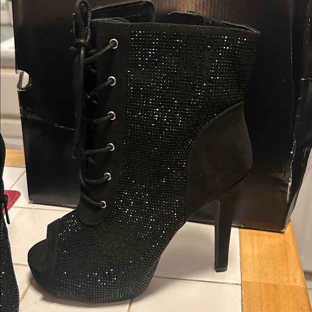 torrid Black Lace-Up Peep-Toe Stiletto Booties with Rhinestone Detail